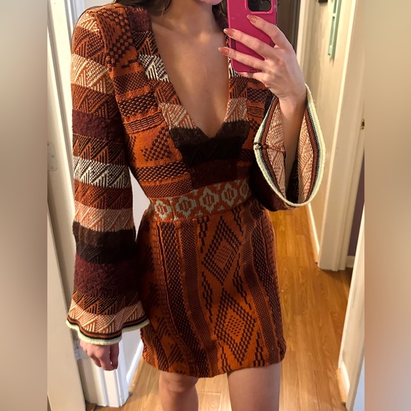 Free People Orange Pattern Bell Long Sleeve Knit Sweater Dress - Picture 7 of 7